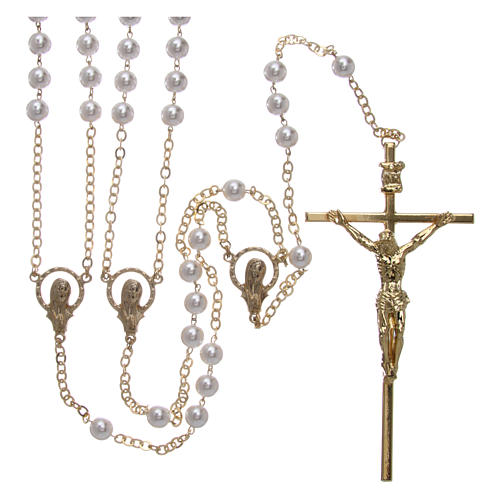 Rosary with plastic and glass pearls in gold metal for wedding 1