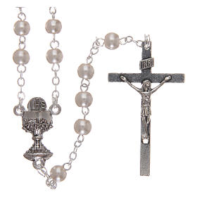 Glass rosary beads with case, First Communion