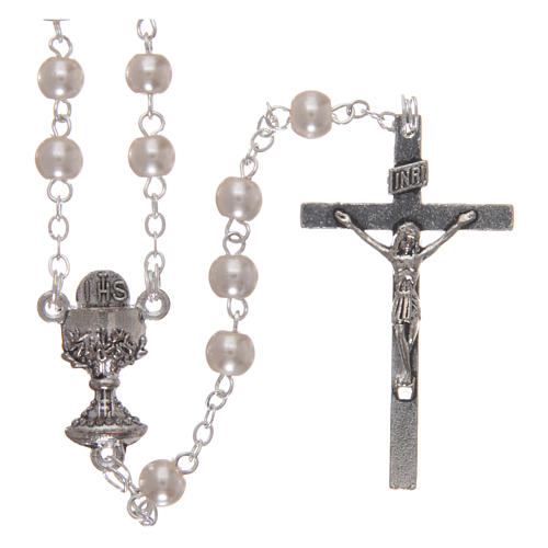 Glass rosary beads with case, First Communion 1
