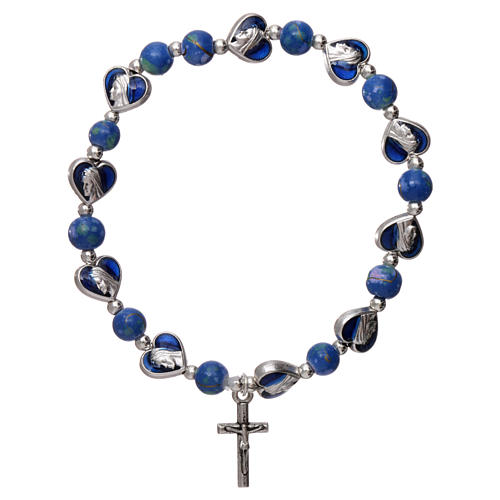 Rosary decade bracelet in glass with 3x4 mm grains and small blue hearts 1