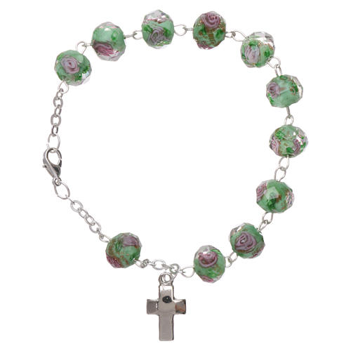 Rosary bracelet with 5x5 mm faceted light green grains and roses, chain with fastener 1