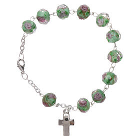 Single decade bracelet lobster clasp green faceted beads with rose 5 mm