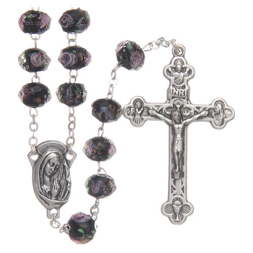 Rosary in black glass with roses 9 mm 1