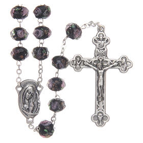 Glass rosary black beads with roses 9 mm