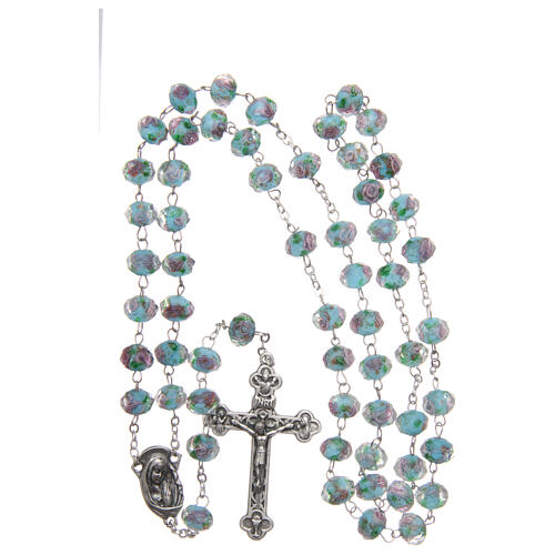 Glass rosary light blue beads with roses 9 mm 4
