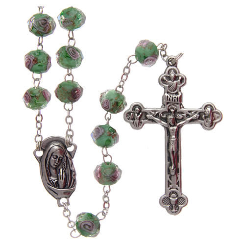 Rosary in green glass with roses 9 mm 1
