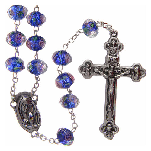 Glass rosary blue beads with roses 9 mm 1