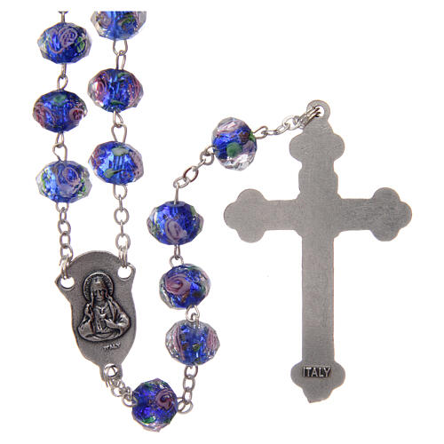 Glass rosary blue beads with roses 9 mm 2