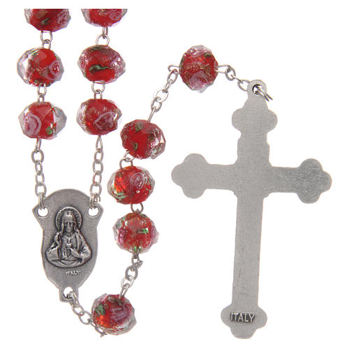Rosary in red glass with small roses 9 mm 2