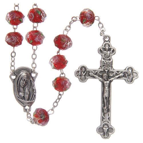 Glass rosary red beads with roses 9 mm 1