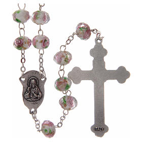 Rosary in white glass with pink roses 9 mm