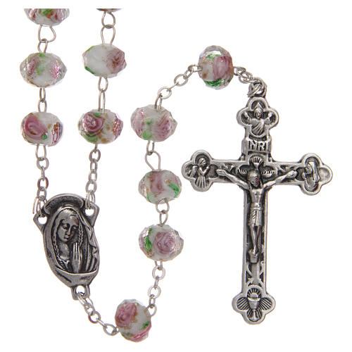 Rosary in white glass with pink roses 9 mm 1