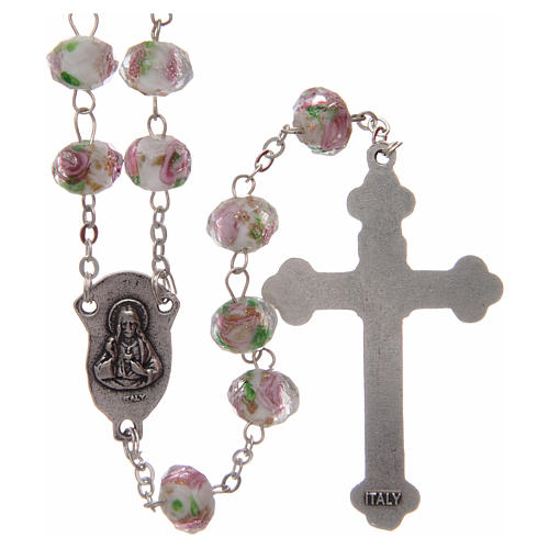 Rosary in white glass with pink roses 9 mm 2