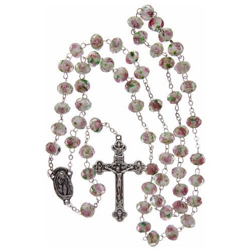Rosary in white glass with pink roses 9 mm 4