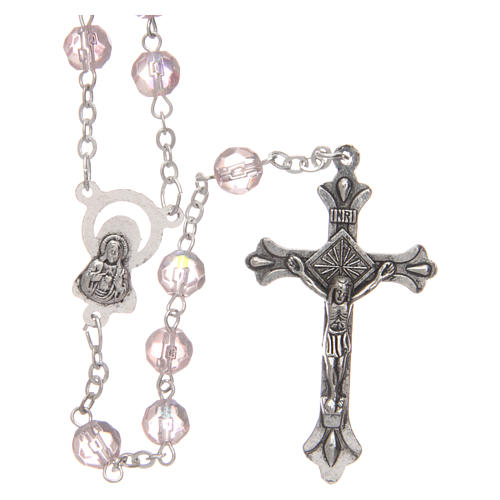 Pink semi-crystal rosary 6 mm with metal thread 1