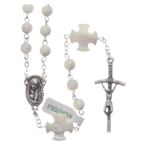 Mother-of-pearl rosary with round pearls and cross shaped Our Father 6 mm 1
