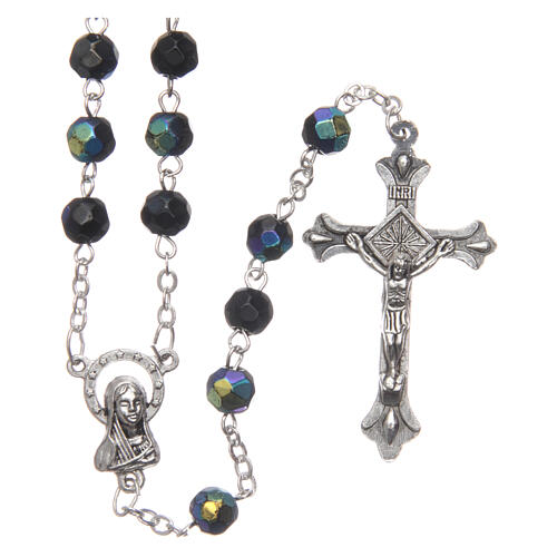 Rosary semi-crystal iridescent black beads 6 mm metal chain 1