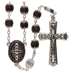 Rosary with detail of St Benedict's cross, brown glass 6 mm