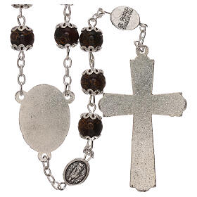 Rosary with detail of St Benedict's cross, brown glass 6 mm