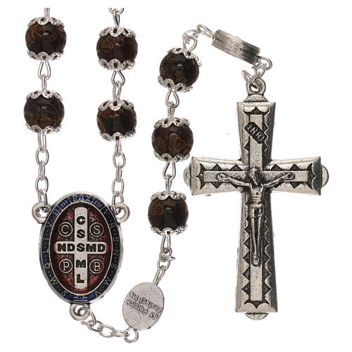 Rosary with detail of St Benedict's cross, brown glass 6 mm 1