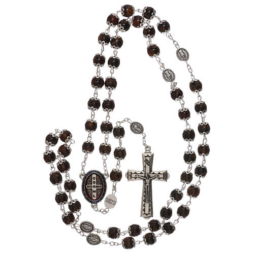 Rosary with detail of St Benedict's cross, brown glass 6 mm 4