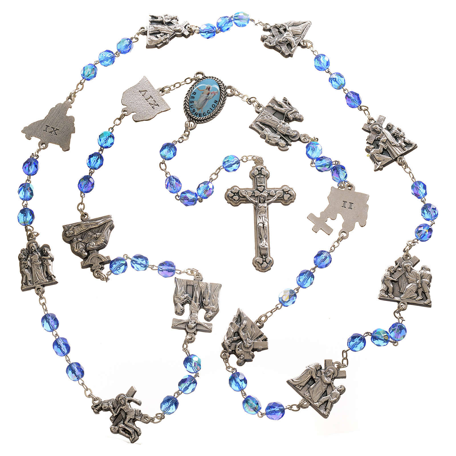 Rosario Via Crucis In Cristallo Con Croce E Stazioni Placcate Argento - Artigianato Italiano