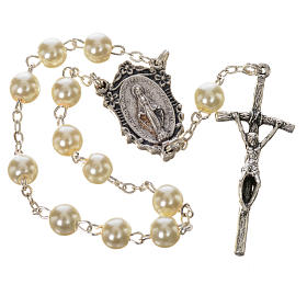 Dreifaltigkeitsrosenkranz mit weißen Perlen, Kreuz und Mittelstück aus Metall, Wundertätige Medaille