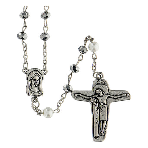 Rosenkranz Kette kleine Kunstperlen mit Kreuz Jesus Silber