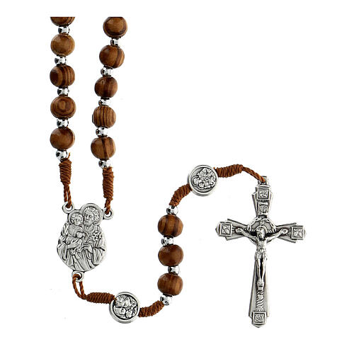 Rosary necklace with wood beads and metallic medal of St. Joseph 62 cm 1