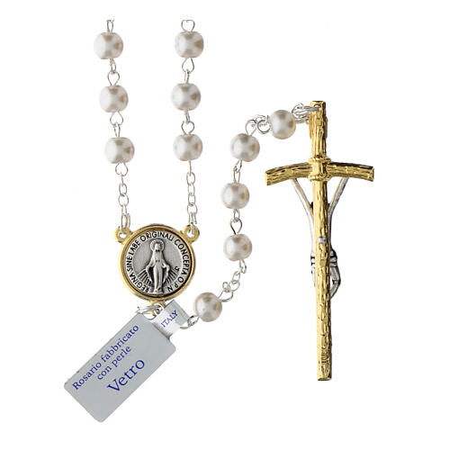 Rosario Virgen de Lourdes cruz dorada y perlas vidrio 70 cm 2