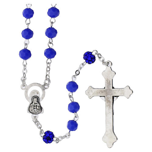 Rosario con grani blu sfaccettati 7mm e pater brillanti con croce argentata 2