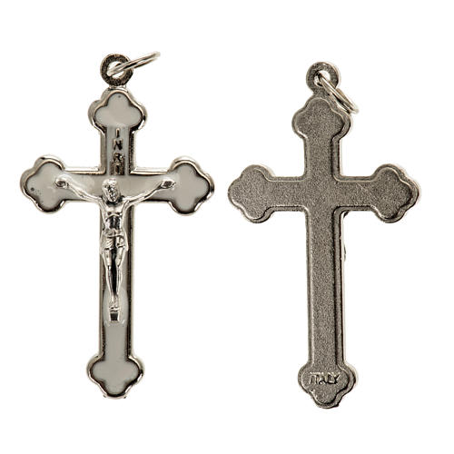 Cross for do-it-yourself rosary in silver metal and white enamel 1