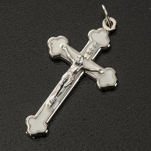 Cross for do-it-yourself rosary in silver metal and white enamel 2