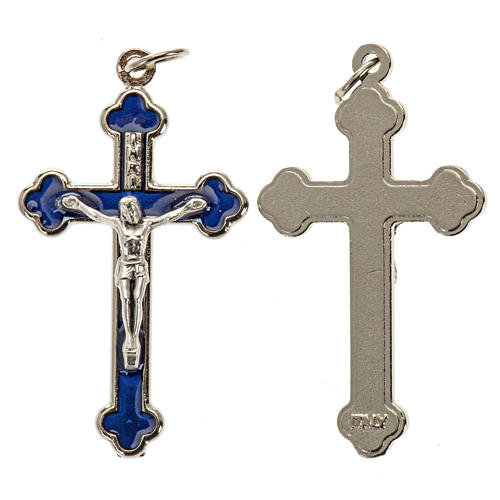 Cross for do-it-yourself rosary in silver metal and blue enamel 1