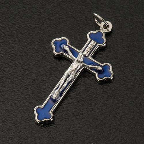 Cross for do-it-yourself rosary in silver metal and blue enamel 2