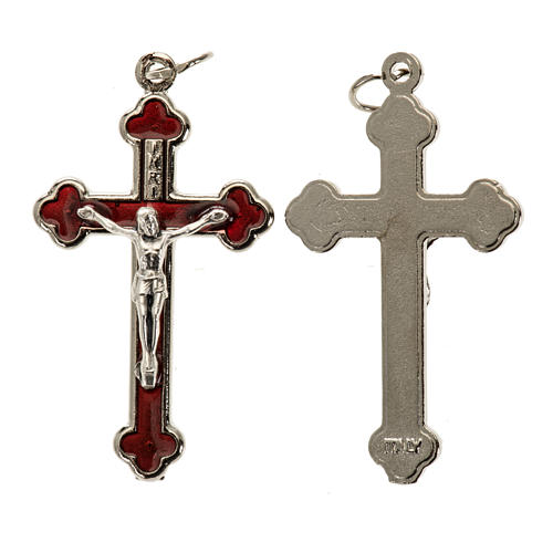 Kreuz für Rosenkränze Silbermetall und rotes Email h 3,6 cm 1