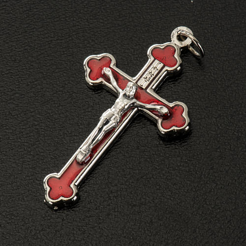 Cross for do-it-yourself rosary in silver metal and red enamel H 2