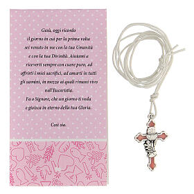 Cross with symbol of Communion metal enameled silver and pink 3 cm