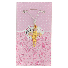 Pink enamelled cross in gold plated metal, Holy Communion 3 cm