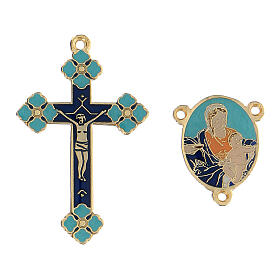 Cruz e passador Nossa Senhora com Menino Jesus fundo azul claro, artigos para terços