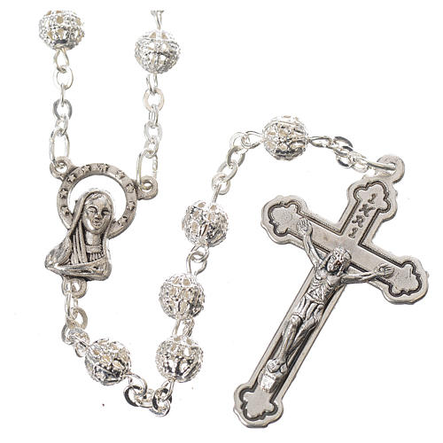 Rosary beads in metal filigree, silver colour, 6mm. 1