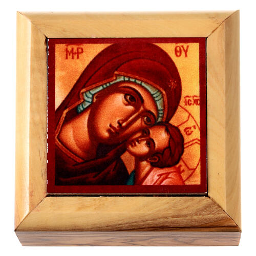 Caja para rosario madera de olivo Tierra Santa Virgen niño 1