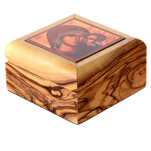 Caja para rosario madera de olivo Tierra Santa Virgen niño 3