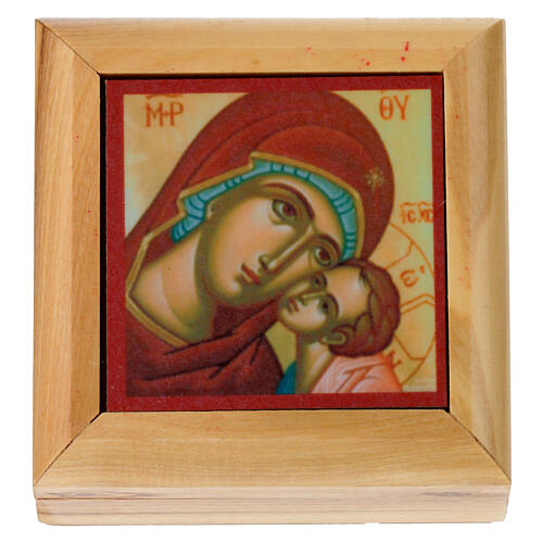 Caja para rosario madera de olivo Tierra Santa Virgen niño 1