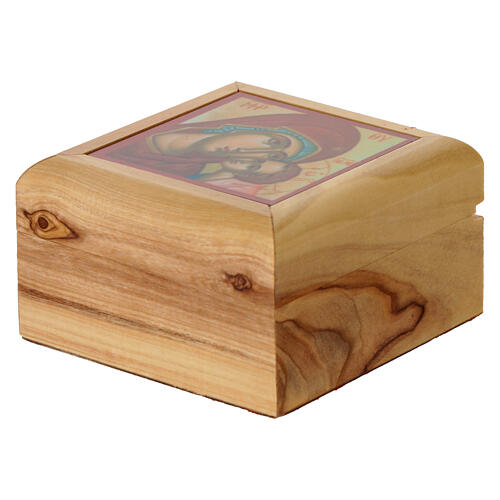 Caja para rosario madera de olivo Tierra Santa Virgen niño 3