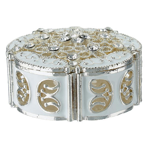 Silvered Metal Rosary Box with Floral Patterns and Zircons 1