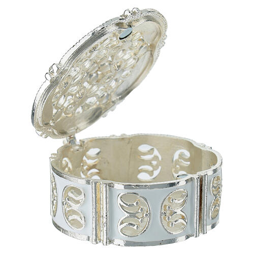 Silvered Metal Rosary Box with Floral Patterns and Zircons 2