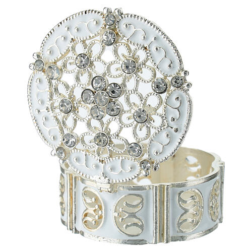 Silvered Metal Rosary Box with Floral Patterns and Zircons 3