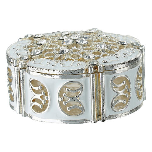 Silvered Metal Rosary Box with Floral Patterns and Zircons 4