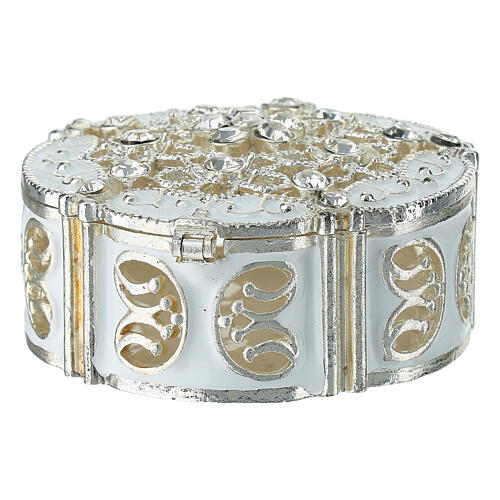 Silvered Metal Rosary Box with Floral Patterns and Zircons 5